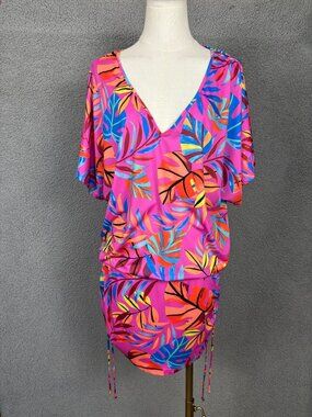 Bar III Womens Paradise Palms Tropical Print Multi Ruched Cover Up Dress Lg NWT.